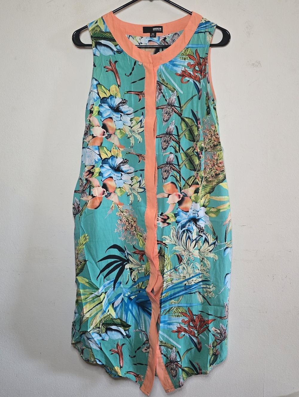 Brooklyn Industries Tropical Floral Dress Teal Rayon Shift Sleeveless XS Pockets
